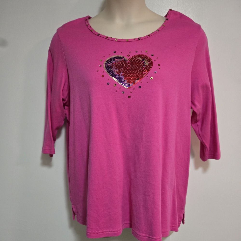 Quacker Factory Size 1X Pink Sequin Embellished Heart Valentines Top A225813